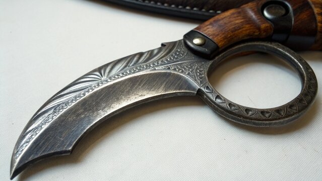 Close Up of Traditional Indonesian Karambit Knife with Curved Blade and Wooden Handle