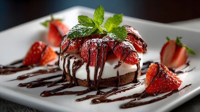 Artistic dessert plating with chocolate and fruit