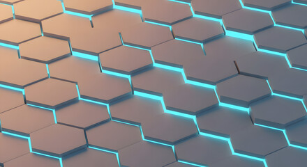 Fototapeta premium Abstract background of hexagonal tiles with glowing blue lines between them, creating a futuristic and technological pattern.