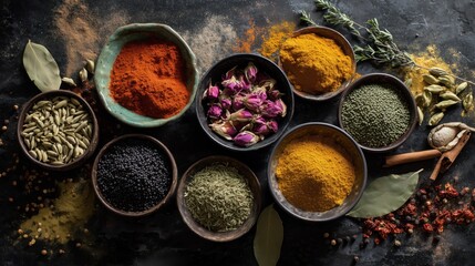 Assorted Ground Spices and Dried Herbs – Colorful Ceramic Bowl Arrangement – Culinary Ingredients