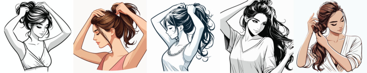 Fototapeta premium vector image of a woman tying her hair on a white background