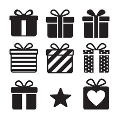 A set of 12 black and white gift box icons white background. 