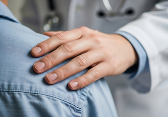 Obraz premium Physician offers comforting hand on patient's shoulder showing empathy and support in care