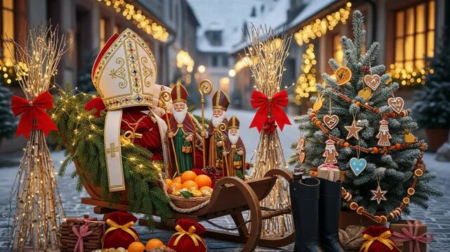Saint Nicholas Day celebration with a traditional sleigh full of gifts and treats on a festive winter street.