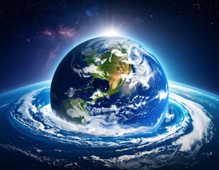 A vibrant Earth image, sunlight illuminating the Americas, encircled by atmospheric swirls against a cosmic backdrop