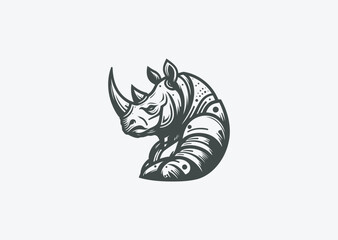 Armored rhino logo symbolizing toughness, defense, and raw power.