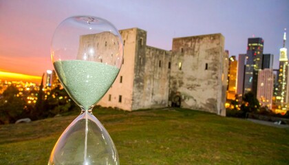 Hourglass and city at sunset
