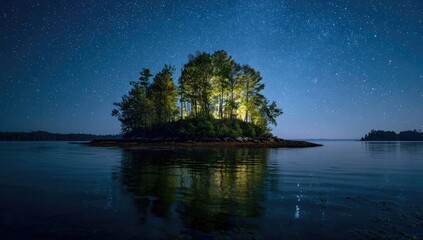Island at night, lit trees, starry sky, calm water reflection