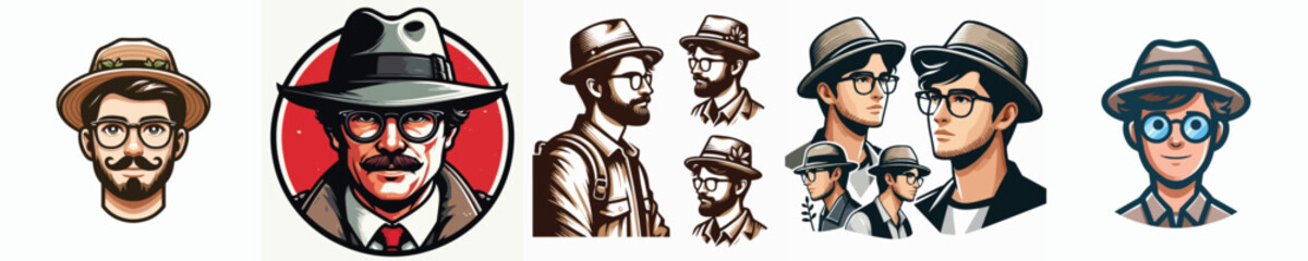 vector image of a man wearing glasses and a hat on a white background