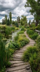 Winding wooden path beside a tranquil stream, lush greenery