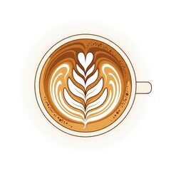 Top view of a latte in a cup, featuring an intricate leaf-shaped foam art design in creamy brown and white tones on white background