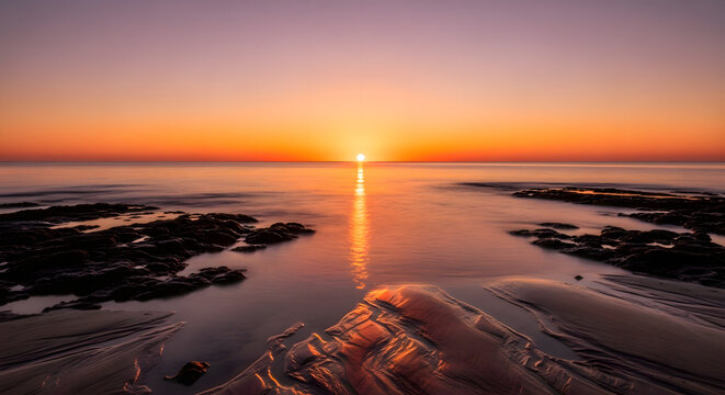 Serene sunrise over calm ocean, sun's reflection shimmering on wet rocks and sand. - Powered by Adobe