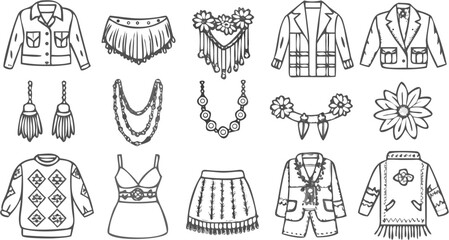 Illustration of various clothing items and jewelry in a doodle style black and white drawing art silhouette