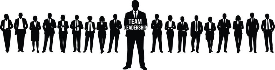 Business team leadership concept, silhouette of leader standing in front of corporate group, teamwork success, black white flat vector illustration