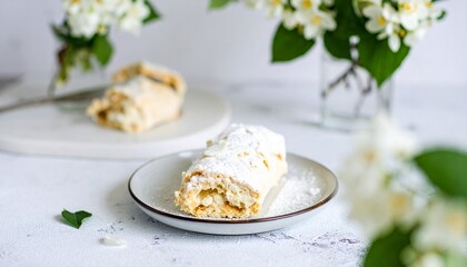 Meringue roll, concept of tasty and delicious food