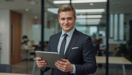 Fototapeta premium Professional man in a suit holding a tablet in a modern office