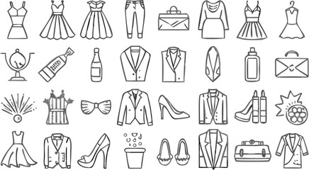 Illustration showing various fashion items including dresses suits shoes and accessories in black and white style silhouette