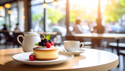 Cozy cafe scene with a delicious cheesecake topped with fresh berries and mint leaves on a round white plate, warm sunlight streaming through large