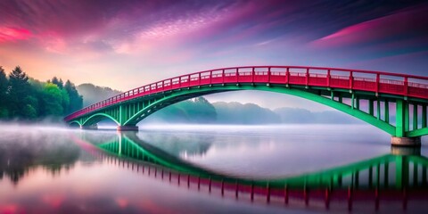 Obraz premium Stunning bridge reflecting in calm water during sunrise, creating a peaceful, serene atmosphere