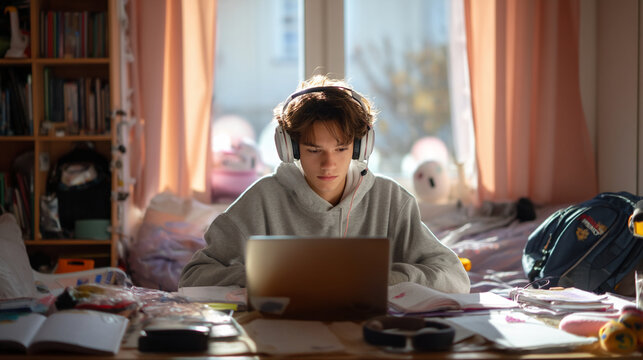 Teenage boy with headphones using laptop in messy bedroom for online learning and communication