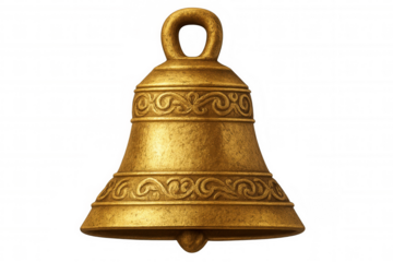 Shiny golden bell with ornate carvings, isolated on a transparent background, creating a festive atmosphere