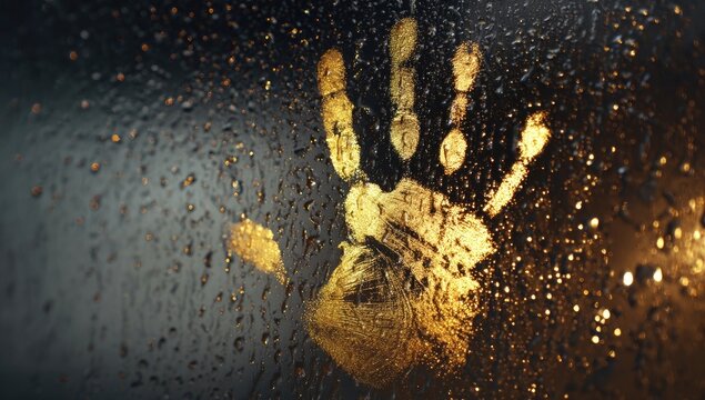 Golden handprint on a rainy window