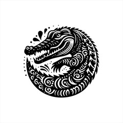 Stylized black and white crocodile illustration in a circle