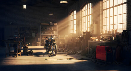 Obraz premium A vintage motorcycle sits in a sunlit, cluttered workshop, bathed in warm light.