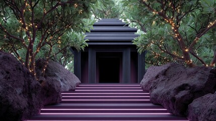 Fototapeta premium Dark modern temple entrance with glowing purple stairs framed by trees adorned with fairy lights and rocks