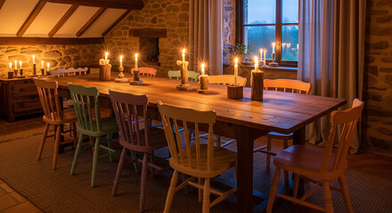 Fototapeta premium A long rustic wooden dining table with mismatched pastel chairs illuminated by the warm glow of many lit candles.