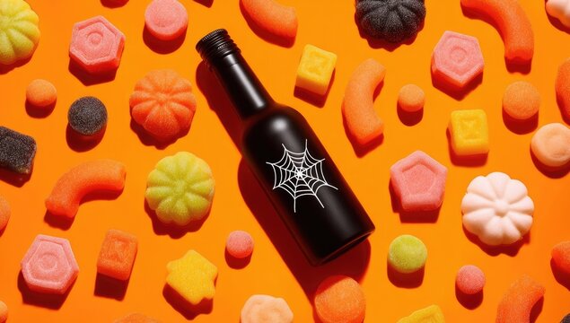 Halloween candy and a small black bottle on an orange background