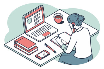 businessperson at desk with coffee, open laptop, notepad, books, and phone, clean isometric vector with soft shadows.
