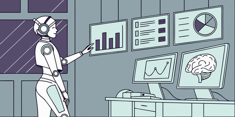 futuristic office scene with AI hologram, charts floating, digital brain icon, high-tech style gradients, clean modern vector lines.