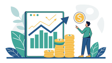 upward trending graph, stacks of coins, businessperson pointing at screen, professional color scheme of blue, green, and gold, flat 2D vector.