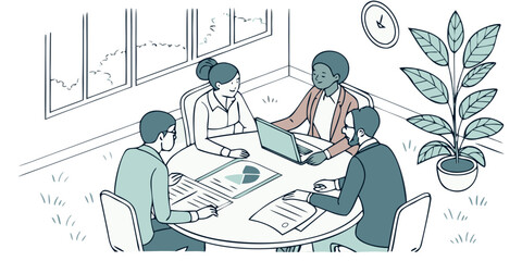 diverse team of men and women in formal attire sitting around a round table, discussing charts and graphs, isometric perspective, minimal flat style, soft pastel colors, clean vector lines, corporate 