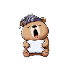 Adorable Yawning Bear Cub in Sleep Cap Holding
