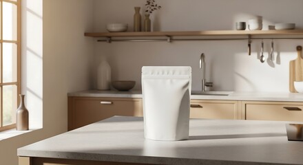 Matte white standing pouch on grey stone kitchen island, Scandinavian kitchen product photography for premium pantry branding