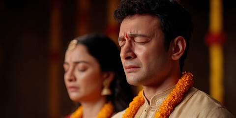 serene moment of reflection, featuring two individuals in traditional attire during a spiritual or cultural ceremony.