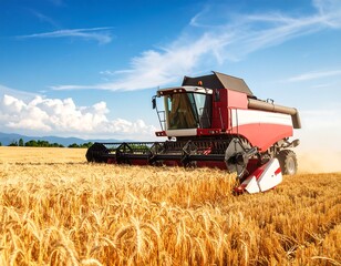 Obraz premium A red and white combine harvester works a ripe wheat field under a bright blue sky