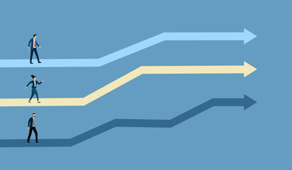 Businesspeople with their own career paths in flat design.