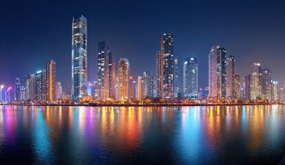 Panoramic view of a vibrant city skyline at night, reflecting in a calm waterway.  Modern skyscrapers, illuminated with colorful lights, line the shore