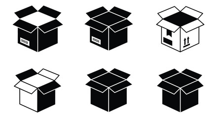 Set of Open Cardboard Boxes in Black and White Silhouette