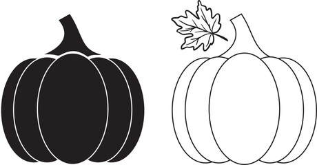 Pumpkin Black White line vector icon - thanksgiving -winter squash - Halloween - isolated transparent  black outline and filled options
