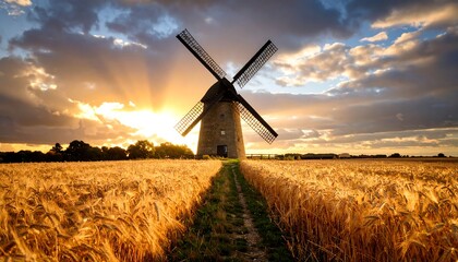 A stone windmill stands in a golden wheat field, sun rays bursting through clouds at sunset
