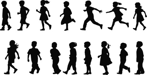 Silhouette of children walking and running in various poses, playful kids activity, black shadow figures, isolated on white background
