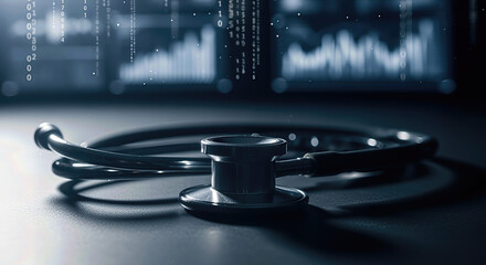 A close-up of a stethoscope on a dark surface, with digital data visuals in the background, suggesting a blend of healthcare and technology.