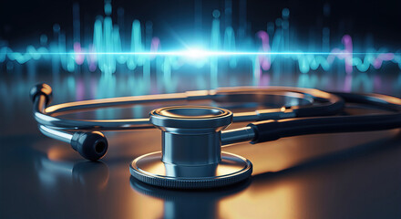 A stethoscope rests on a reflective surface, with vibrant sound wave graphics in the background, symbolizing healthcare and medical technology.