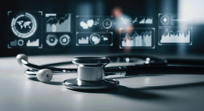 A stethoscope rests on a surface, surrounded by digital health data displays, illustrating the intersection of healthcare and technology in modern medicine.