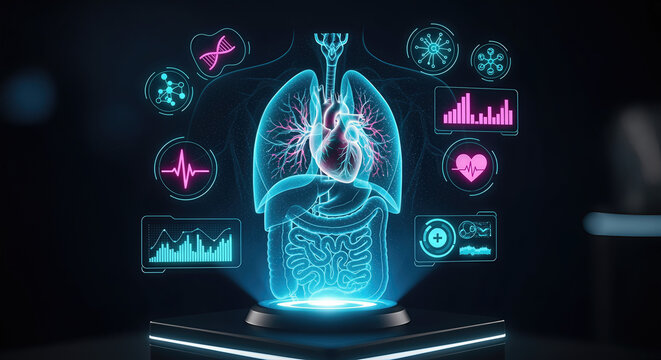 A glowing holographic display of human lungs, heart, and various health metrics, illustrating advanced medical technology and diagnostics.