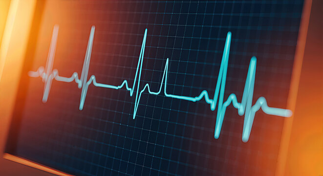 A digital display shows a heart rate monitor with a fluctuating ECG waveform, indicating vital signs.